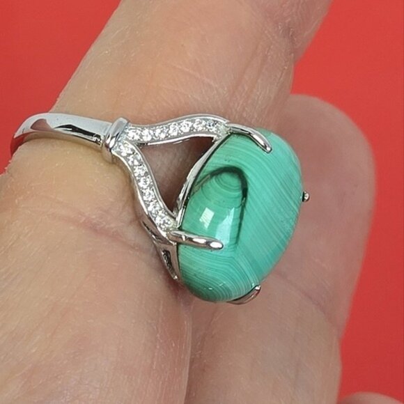 925 Sterling Silver Ring Sz 8.5 with Natural Malachite & CZ - Picture 14 of 15